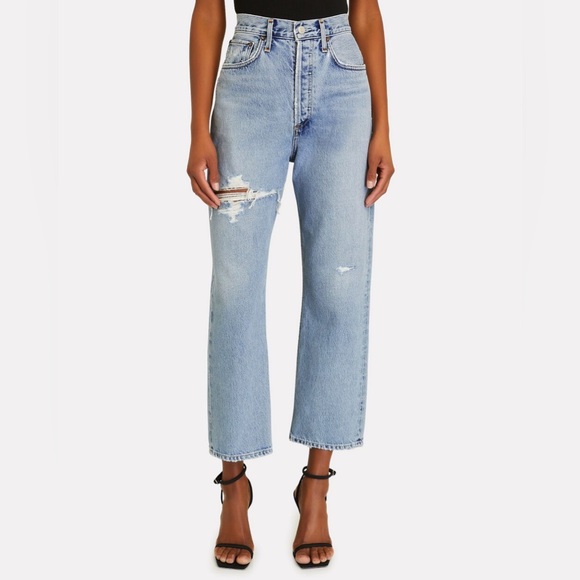 AGOLDE Denim - AGOLDE 90s Crop Distressed High-Waisted Straight Denim Jeans Echo Light Wash 27